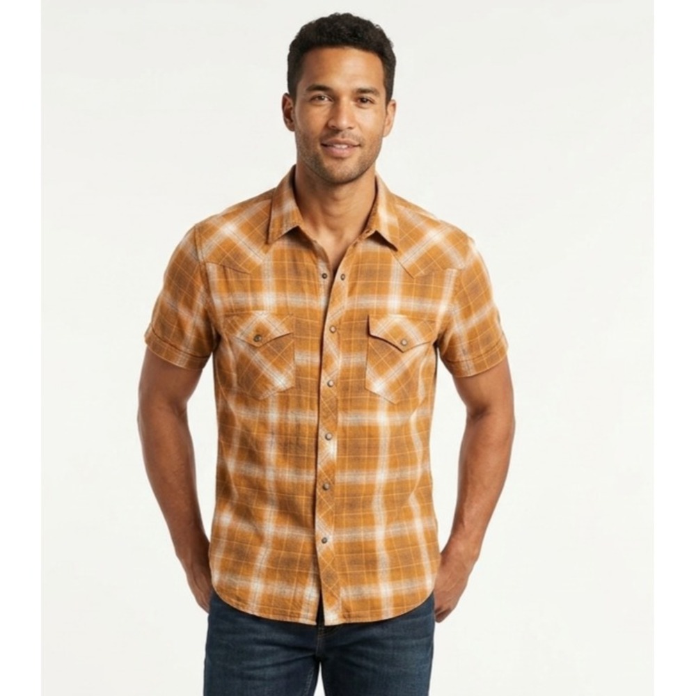 Patagonia Western Shirt Mens S Mustard Brown Plaid Short Sleeve Pearl Snap Front